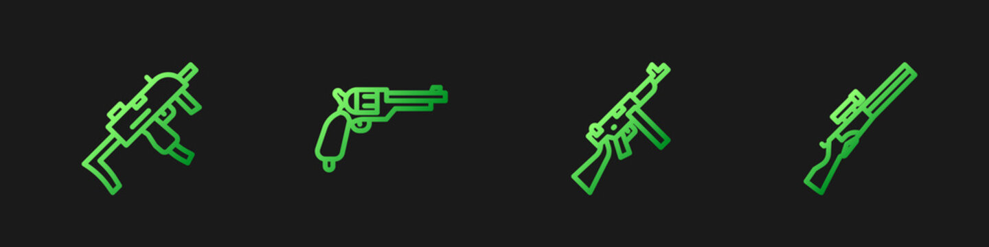 Set line Tommy gun, MP9I submachine, Revolver and Hunting. Gradient color icons. Vector