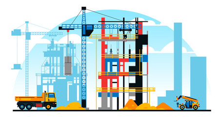 A building under construction against the background of a city under construction. A site with heavy commercial vehicles. Crane, sand. Vector illustration.