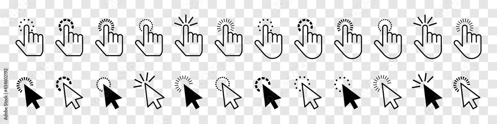 Poster set of cursor icons isolated on transparent background. clicking hand. vector elements collection