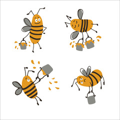 bee collects honey, yellow cartoon bee with cute little bucket, character isolated on white background,beekeeper's day