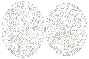 Set of contour illustrations in the style of stained glass with compositions of cacti, dark outlines on a white background