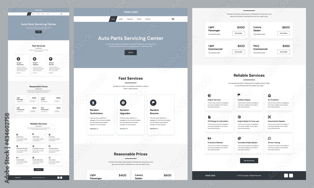 Poster one page landing website design template for car servicing company. landing page ux ui wireframe. fl
