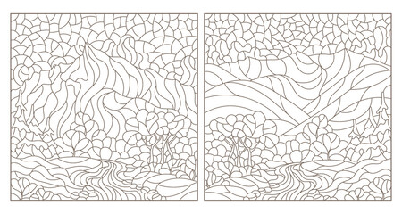 Set of contour illustrations in the style of stained glass with mountain landscapes, dark outlines on a white background