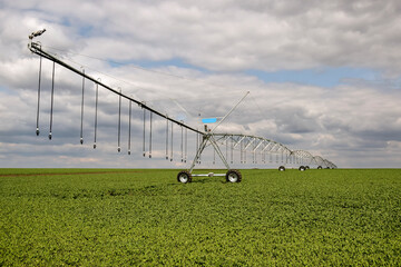 Agriculture: Crop Irrigation. Automated farming irrigation system on background of cloudy sky.