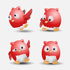 Cute red owl. Toy for the bathroom. A collection of emotions of a cute round owlet with red feathers. Vector illustration