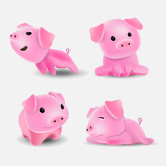 Cute pink pig. Toy for the bathroom. A collection of emotions of a cute pink minipig. The pig sleeps, sits, looks. Vector illustration