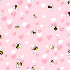Seamless pattern with bees and hearts on color background. Small wasp. Vector illustration. Adorable cartoon character. Template design for invitation, cards, textile, fabric. Doodle style