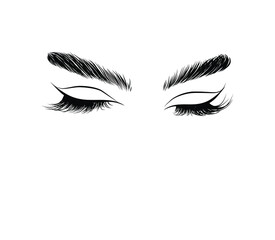 Hand-drawn woman's sexy luxurious eye with perfectly shaped eyebrows and full lashes. Idea for business visit card, typography vector.Perfect salon look.