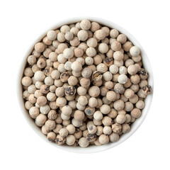 Isolated bowl of white peppercorns on white background