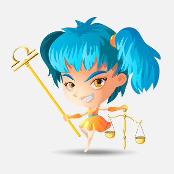 Zodiac signs - Libra. Colored vector illustration. Libra funny cute cartoon character. Libra girl. Isolated on white background. Print design, prediction, horoscope