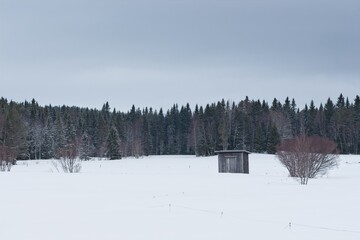 Wooden shed near ski slopes in Almåsa in North Sweden - 434603711