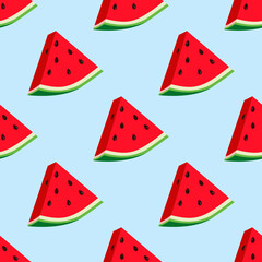 Seamless summer pattern with slices of watermelon on a blue background. Vector illustration for fabrics, covers, posters, wallpapers, kitchen utensils, postcards, banners, etc.