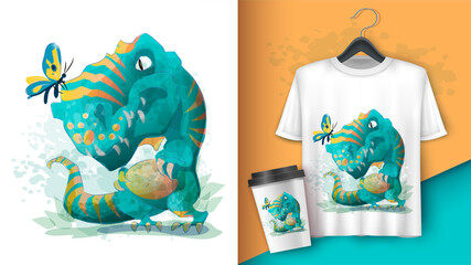 Cute Baby Dinosaur Playin with butterfly. Poster and merchandising. Tyrannosaur. Cartoon character vector illustration. Can be used for print design greeting card used for print design, banner © Andrey