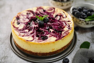 Homemade blueberry cheesecake, selective focus