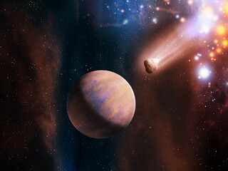 Naklejka na ściany i meble Beautiful planet with a comet in far space with bright stars. Exoplanet inside the interstellar nebula. 