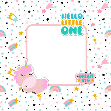 Page template for a photo album. Unicorn with clouds and rainbows. Children's design of postcards or photo frames.