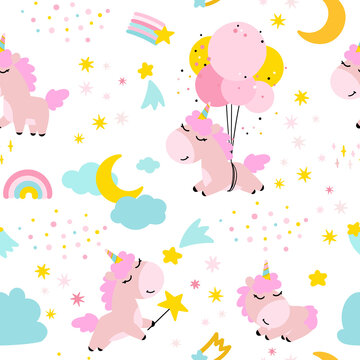 A pattern with rainbow unicorns in a cartoon doodle style. Fairy background with stars and clouds