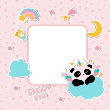 Panda on a cloud with stars on a pink background. Photo album page for girls. Decorative photo frame. 