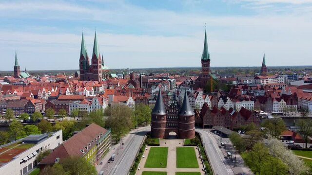 Famous Holsten Gate in the city of Lubeck Germany - aerial photography