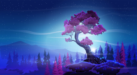 Obraz premium Vector fantasy night landscape with with a beautiful curved tree, mountains and tree on a starry sky background. Burgundy foliage and nightly fabulous colors