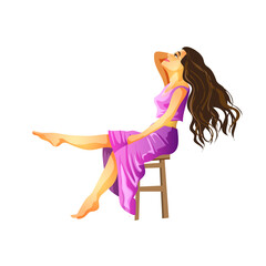 A brunette with long hair sits in a purple dress with her head thrown back. Brunette sitting and smiling. Isolated vector illustration in cartoon style