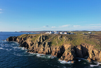Obraz premium lands end, Cornwall, aerial view, beautiful, drone point of view, cliffs, sunny, clifftop view, beautiful aerial view of lands end