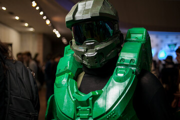 Obraz premium Kiev, Ukraine - May 20, 2018: Comic Con, an annual festival of geek culture in Kiev, Ukraine. Cosplayers in costumes. People in costumes of characters in the HALO game, Marvel, DC Universe