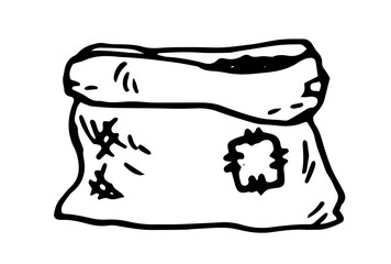 Vector isolated Sack of soil. Hand-drawn bag open with earth made of burlap with a patch, in doodle style with a black line on a white background for a design template. garden series element