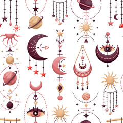 The seamless pattern with mystical astrological vector illustrations. Magic symbols. Zodiac. Astronomy.