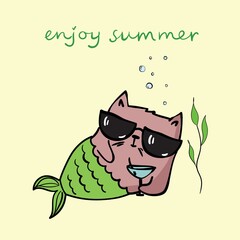 Cute cat mermaid, vector doodle illustration for kids