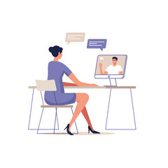 Fototapeta na wymiar Young woman and man communicate online using a mobile devices. Concept of video call conference, remote working from home or online meeting. Vector illustration.