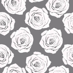 Seamless patterns. Large monochrome roses on a gray-pink background. Vector illustration. Vintage floral elements. Used for printing on fabric, packaging, wallpaper, decorations, postcards, frames, fl