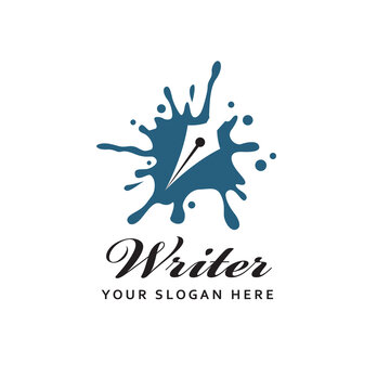 writer icon with feather pen against background of ink blot isolated on white background