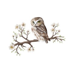 Baby owl bird sitting on an apple blossom branch