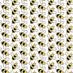 Seamless pattern with bees on white background. Small wasp. Vector illustration. Adorable cartoon character. Template design for invitation, cards, textile, fabric. Doodle style