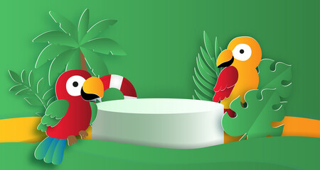 Summer podium for a product with tropical bird and summer elements