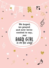 We hoped, we prayed and we're excited to say our baby is on the way announcement vector card.