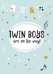 Twin boys are on the way announcement vector card.