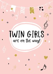 Twin girls are on the way announcement vector card.