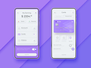 Neumorphic UI kit on smartphone screen. Mobile payment smartphone template. Mobile wallet interface app. UI template