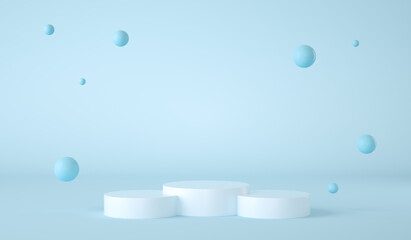 Cylinder podium on blue background. Abstract minimal studio 3d render. Pedestal mockup space