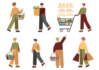 7 characters isolated on white background. Collection of cartoon person with groceries, trolley, bag and purse. Store or supermarket characters. Groceries, shopping, people in the supermarket.