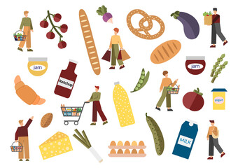 Vector set of 7 characters, vegetables, groceries and foods. Supermarket and shopping in flat design. Store or supermarket characters. Cheese, bread, croissant, broccoli, paprika, peppers, tomatoes.