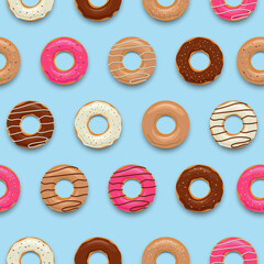 Set of colorful tasty donuts, seamless pattern background, vector illustration
