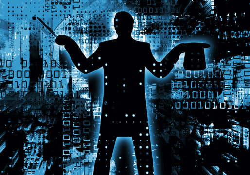 Computer specialist, programmer, Magician.
 Stylized Silhouette of a magician with hat against a dynamic blueabstract background with Binary codes.
