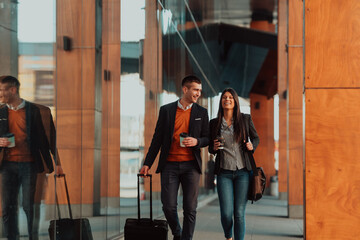 Two businessmen walk around town drinking coffee