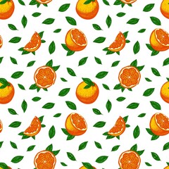 Bright seamless pattern with acidic bright fluorescent oranges and green leaves on a white background.