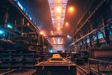 Metallurgical plant. Industrial steel production. Interior of metallurgical workshop inside. Steel...