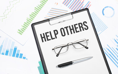 help others sign. Conceptual background with chart ,papers, pen and glasses