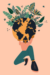 Earth Day greeting card. Young woman holds planet Earth with care and love. Vector illustration for poster, card, flyer, banner. Environment conservation and energy saving concept.